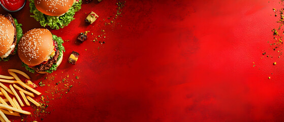 Poster - Red background with several burgers and fries on the  side