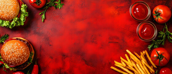 Poster - Red background with several burgers and fries on the  side