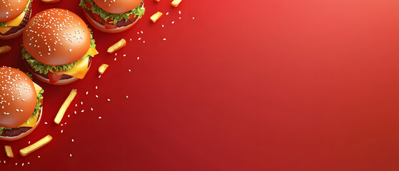 Poster - Red background with several burgers and fries on the  side