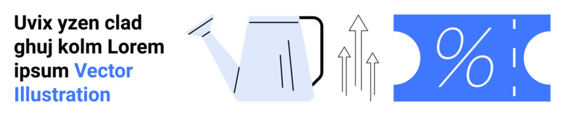 Poster - watering can pouring, arrows indicating growth, blue discount voucher with percentage icon. ideal fo
