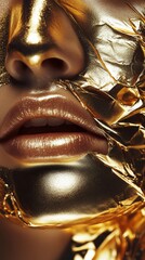 Poster - A striking close-up reveals a face partly covered in shimmering gold foil, accentuating full lips and flawless skin in a theatrical display of beauty and artistry