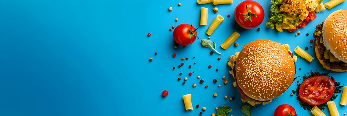 Poster - blue background with scattered food items like pasta, tomatoes, and burgers creates an appealing design for advertising or promotional materials