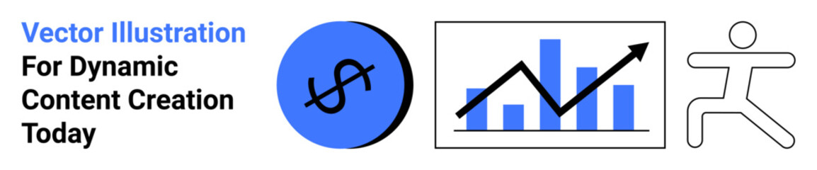 Poster - dollar sign circle, growth chart with arrow, stick figure in motion. ideal for finance, analytics, b