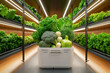 © zamuruev - Fresh and vibrant vegetables fill minimalist plastic crates on sleek metal shelves under bright overhead lights, showcasing a controlled storage area focused on freshness and quality