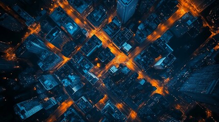 Poster - A minimalist aerial night view of a glowing city grid.