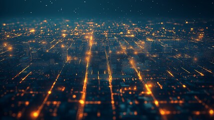 Poster - a minimalist aerial night view of a glowing city grid.