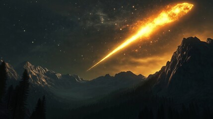 Poster - A meteor shower lighting up the night sky over a mountain range