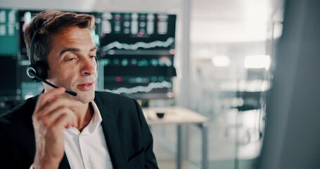 Poster - Broker, man or talking with headset at computer for client portfolio management, investment advice or FAQ. Call center, stocks advisor or customer query for market insight, finance news or assistance