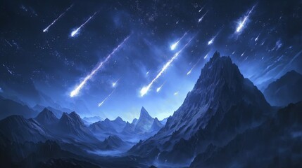 Poster - A meteor shower lighting up the night sky over a mountain range
