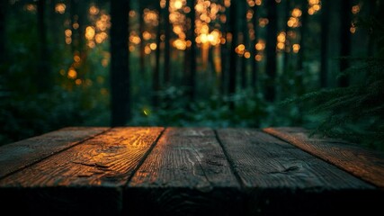 Poster - Wooden table with forest background at sunset, atmospheric nature scene