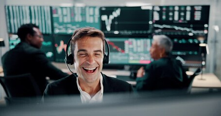 Poster - Computer, fist pump and stock market trading with man in office for growth or success as winner. Finance, headset and investment goals with broker or trader in workplace for financial support