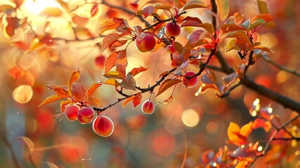 Wall Mural - Autumn leaves on a peach tree at sunset