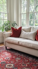 Poster - Soft sunlight pours through large windows, highlighting a cozy white sofa adorned with red cushions, complemented by a beautifully patterned rug, creating a warm and inviting atmosphere
