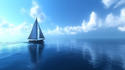 Fototapete - A lonely sailboat navigating through an endless blue sea