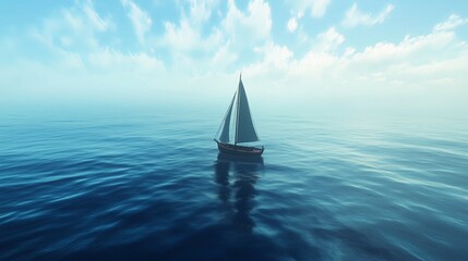 Poster - A lonely sailboat navigating through an endless blue sea