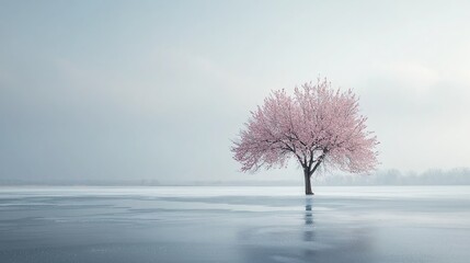 Poster - A lone sakura tree standing in the middle of a frozen lake