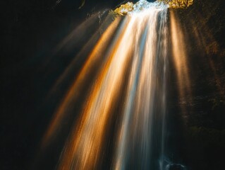 Wall Mural - sunlit cascade, ethereal waterfall with golden rays illuminating the scene