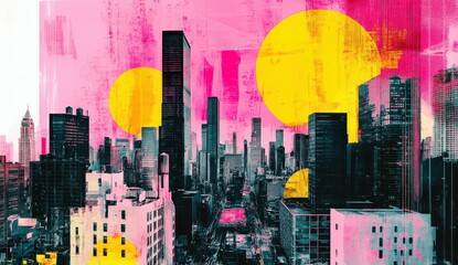 Poster - Vibrant Urban Skyline with Abstract Colors and Geometric Shapes in Pink and Yellow Featuring Dramatic City Landscape at Sunrise