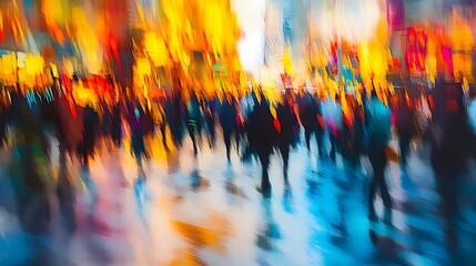 Poster - The vibrant fast paced motion of a crowded city street at night captured in a blurred colorful abstract image that showcases the energy and chaos of an urban metropolitan environment