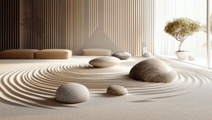 Poster - Serene Minimalist Interior with Soft Curves and Natural Elements Featuring Stones in a Calm Zen-inspired Space