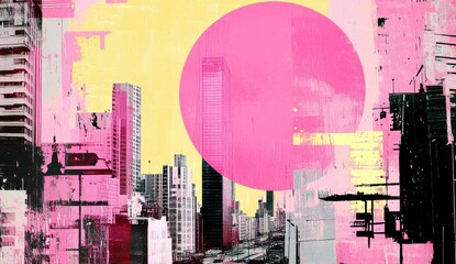 Poster - Abstract cityscape art featuring bright pink circle against textured urban background with modern buildings in vibrant colors and dynamic composition