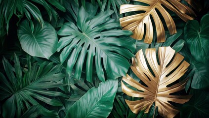 Poster - Lush Green Leaves with Striking Gold Monstera Leaves Surrounded by Rich Tropical Foliage Creating a Vibrant Jungle Aesthetic for Interior Design and Decor