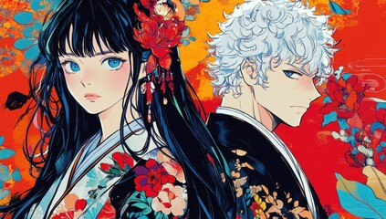 Poster - Elegant Japanese Characters in Colorful Floral Background Artwork