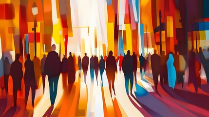 Poster - Vibrant abstract image depicting the dynamic silhouettes of commuters and pedestrians in a bustling city street with a colorful blurred motion effect creating a surreal contemporary scene