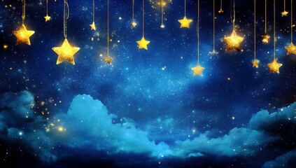 Poster - Magical night sky with hanging stars and glowing clouds creating a dreamy cosmic background for enchanting celestial themes and festive designs