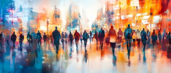 Poster - Vibrant and Colorful Cityscape with Blurred Silhouettes of People Walking on the Crowded Downtown Street of a Bustling Metropolitan City