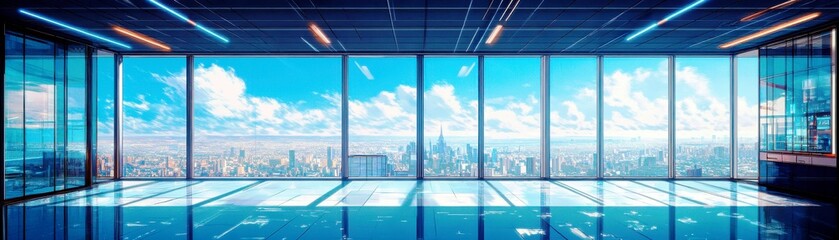 Poster - Modern Office Interior with Panoramic City View and Bright Blue Sky Reflected in Floor, Stylish Design Elements and Contemporary Aesthetics in Urban Setting