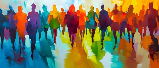 Poster - Vibrant and colorful silhouetted crowd of anonymous figures in a dynamic blurred city scene with a sense of motion and energy