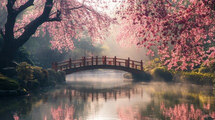 Poster - Delicate cherry blossoms bloom vibrantly around a tranquil pond, while a quaint wooden bridge arches gracefully over the water. Morning mist envelops the scene in ethereal beauty