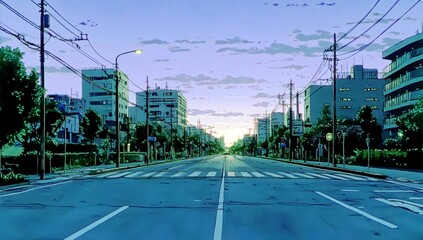 Poster - Serene Urban Sunset over a Quiet Street with Soft Clouds and Modern Buildings in a Beautiful Animation Style