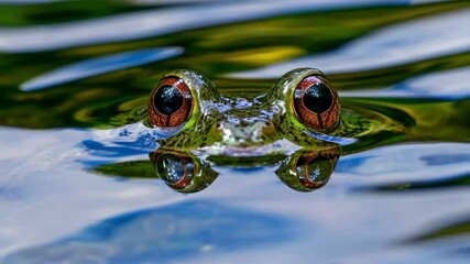 Poster - Frog eyes peering above green water surface, close-up view. Nature observation concept