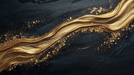 Poster - Rich golden swirls cascade across a dark surface, blending with sparkling particles to evoke a sense of opulence and artistic flair. This captivating arrangement draws the eye to its fluidity