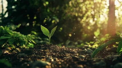 Poster - Young plant sprouting in forest soil at sunrise, natural growth symbolism