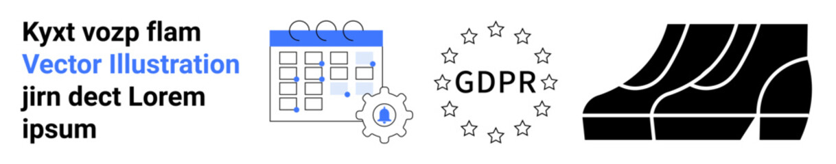 Poster - calendar with gear representing settings, gdpr compliance stars in a circular pattern, bold footprin