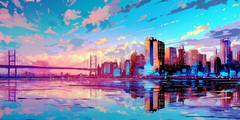 Poster - Vibrant Sunset Over City Skyline with Reflections on Water and Colorful Clouds