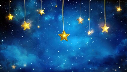 Poster - Golden Stars Hanging in a Dark Blue Sky with Ethereal Clouds and Twinkling Lights Creating a Dreamy Nighttime Atmosphere