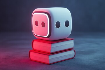 Poster - Creative Composition of Cube on Stacked Books with Blue Background
