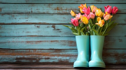 Aufkleber - Vibrant tulip flowers in shades of pink, yellow, and orange are arranged in teal rubber boots, placed against a rustic wooden surface, capturing a joyful spring atmosphere