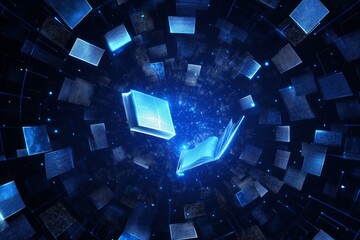 Poster - Digital Concept of Floating Books in a Cosmic Blue Space Environment
