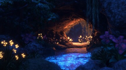 Poster - A hidden cave with bioluminescent plants glowing inside.