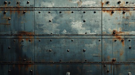 Aufkleber - A close view of aged metal panels covered in rust and rivets reveals a rich interplay of texture and color. This silent testament to time evokes an industrial atmosphere