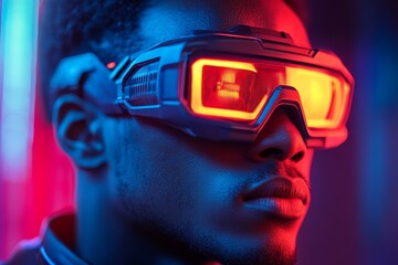 Poster - Futuristic Portrait of a Person Wearing Neon-Illuminated Glasses