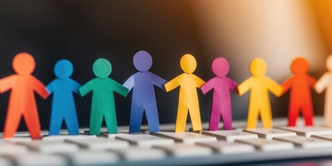 Poster - Diverse group unity and mutual support. Colorful paper figures stand together on a keyboard, symbolizing teamwork and collaboration.