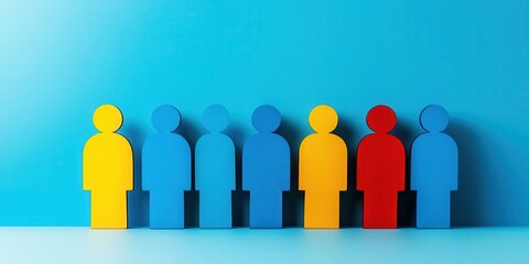 Poster - Diverse group unity and mutual support. Colorful wooden figures representing diversity and teamwork against a blue background.