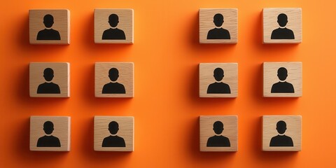 Poster - Diverse group unity and mutual support. Blocks with silhouettes of people on an orange background arranged in a grid.