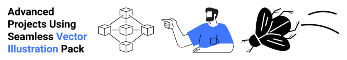 Poster - man pointing at blockchain network diagram with cubes, alongside a flying butterfly. ideal for techn
